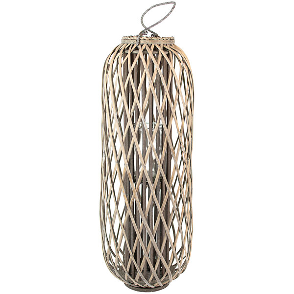 A close-up of a Kalalou gray wicker lantern with a metal handle.