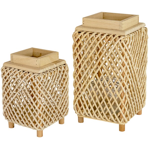 A two-piece wooden lantern set with woven rope details.