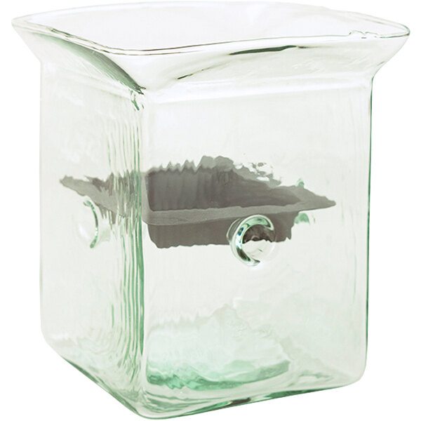 A Kalalou glass square hurricane candle holder with a metal insert inside.