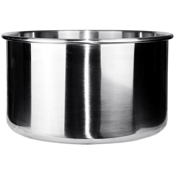 A close-up of a stainless steel Eurodib 50 quart mixer bowl with a handle.