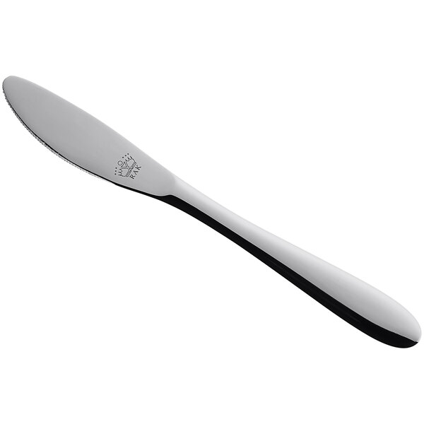 A silver dinner knife with a logo on the handle.