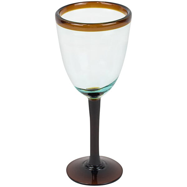 A Kalalou wine glass with a brown rim and a black base.