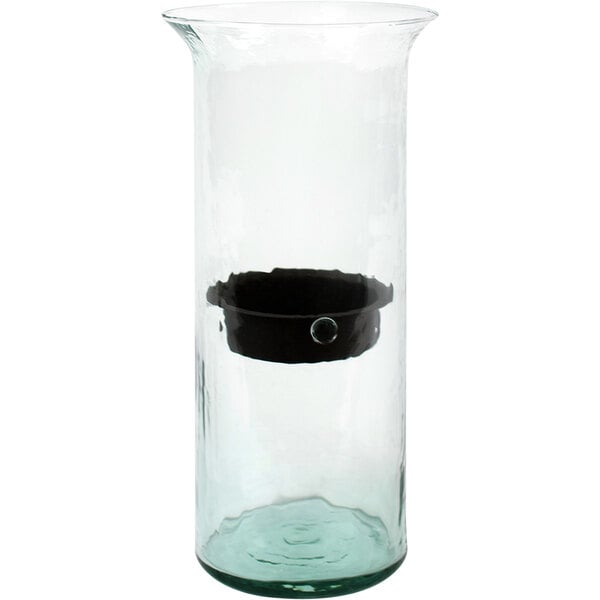 A Kalalou glass hurricane candle holder with a metal ring inside.