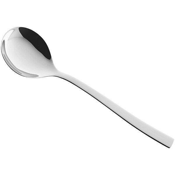 A silver RAK Porcelain bouillon spoon with a long handle on a white background.