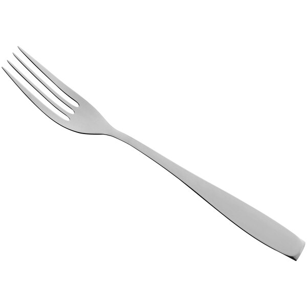 A silver RAK Porcelain dinner fork with a white handle on a white background.