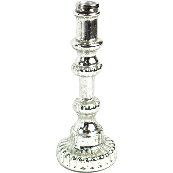 An antique silver Kalalou glass taper candle holder with a metal base.
