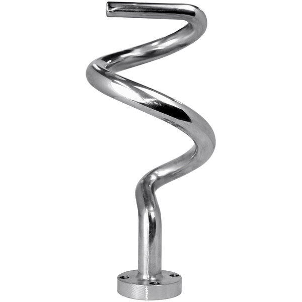 A metal spiral shaped dough hook.