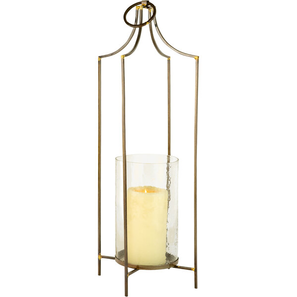 A Kalalou black metal pillar lantern with a candle in a glass container.