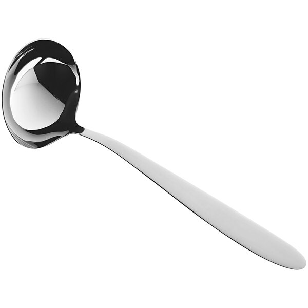 A close-up of a RAK Porcelain stainless steel soup ladle with a long handle.