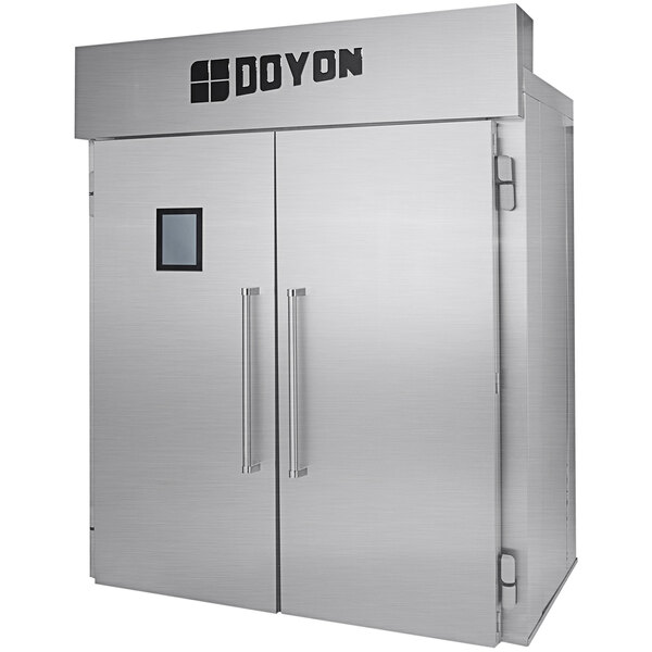 A large stainless steel Doyon roll-in proofer/retarder with two doors.