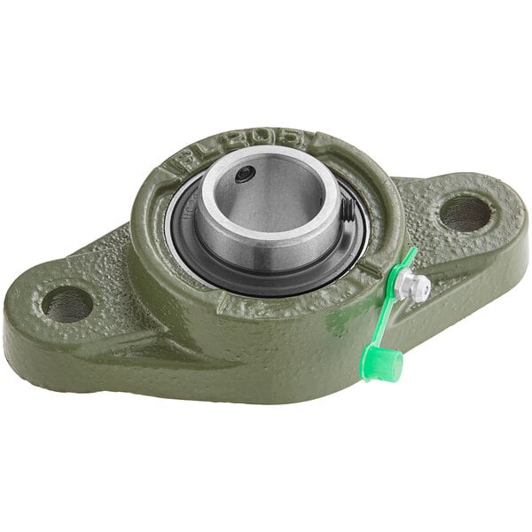 A green metal Estella UCP 205 pillow bearing unit with a metal ring.