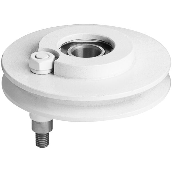 A white plastic pulley with a metal nut.