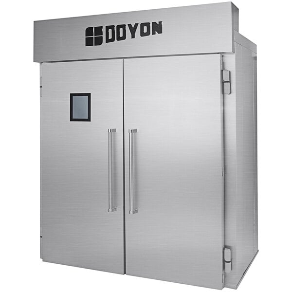 A large stainless steel Doyon roll-in proofer with two doors.