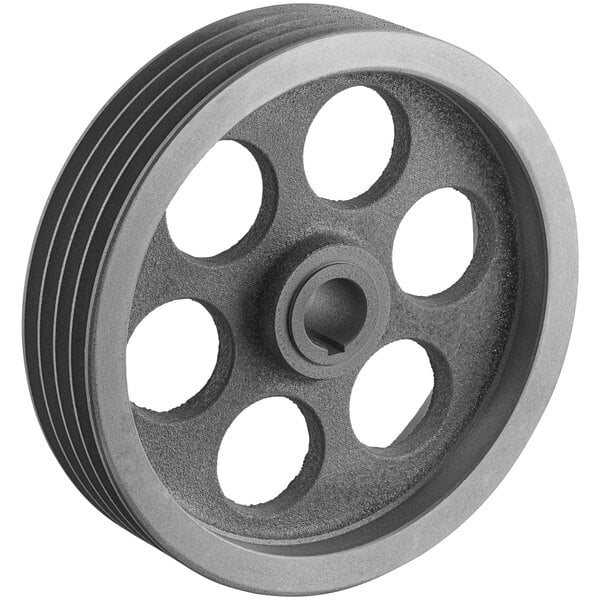 A grey metal Estella upper belt wheel with four holes.