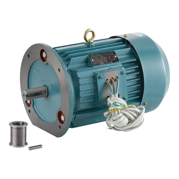 A blue electric motor with a wire and a piece of wire.