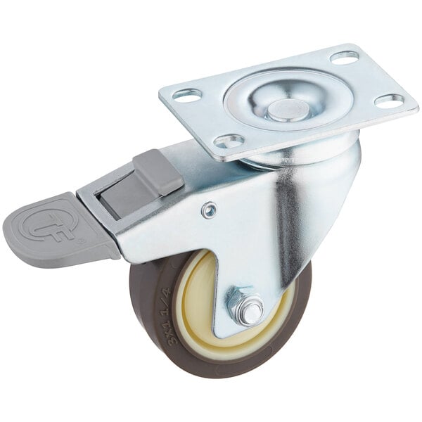 A metal Estella brake caster with a rubber wheel.