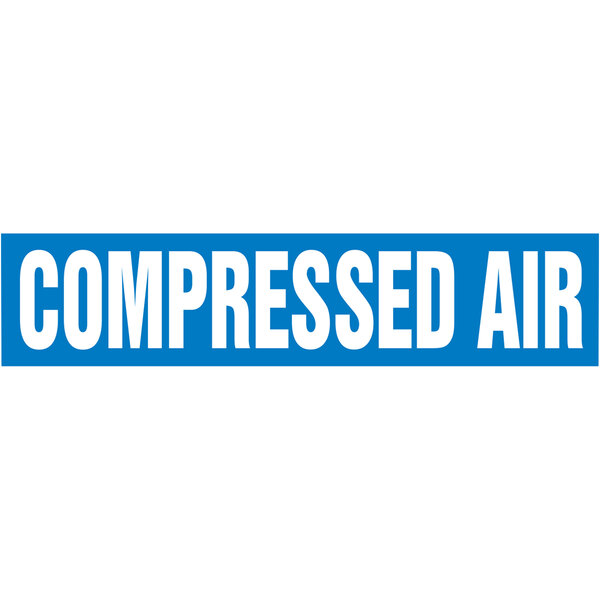 A white rectangular roll of adhesive vinyl pipe marker tape with blue and white text reading "Compressed Air"