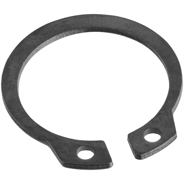 A black metal Estella upper roller circlip with two holes.