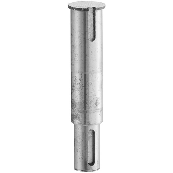 A stainless steel metal cylinder with a round top and a hole in it.