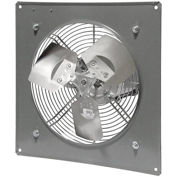 A close-up of a Canarm metal panel-mounted exhaust fan with a metal cover.