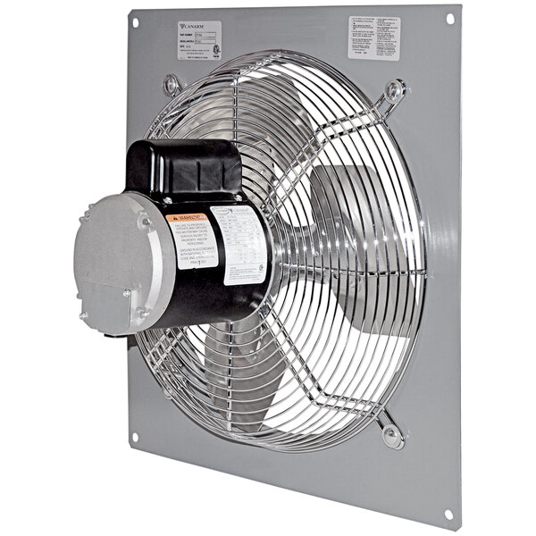 A Canarm panel-mounted industrial exhaust fan with a black motor.
