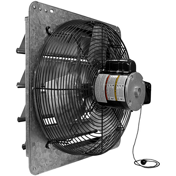 A Canarm shutter-mounted industrial fan with a cord attached to it.