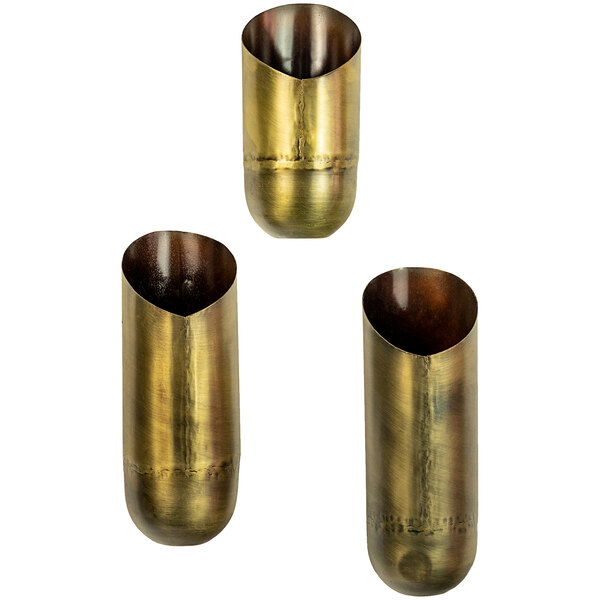 A group of three brass wall vases with a tube in the middle.
