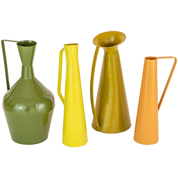 A group of colorful vases including green and yellow.