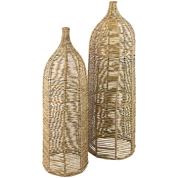 Two wicker vases with lids on a white background.