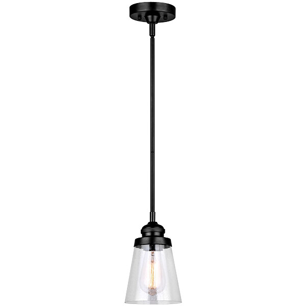 A black and clear Canarm Declan pendant light fixture hanging in a restaurant dining area.