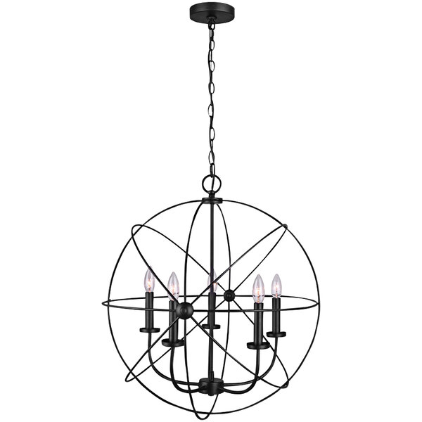 A black wire Canarm chandelier with five lights in a restaurant dining area.