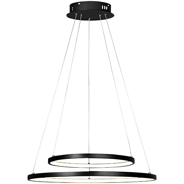 A black Canarm Lexie modern dual-ring chandelier with integrated LED lighting.