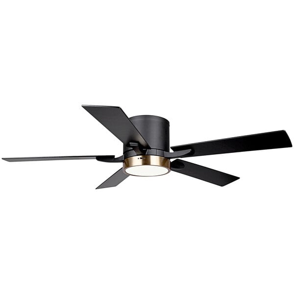 A black Canarm Quinn ceiling fan with three blades and a light.