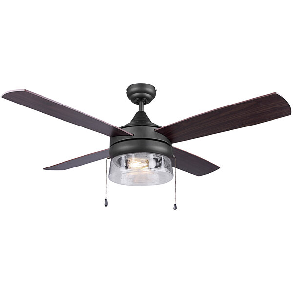 A Canarm Mill ceiling fan with an oil-rubbed bronze finish, glass light fixture, and maple and walnut blades.