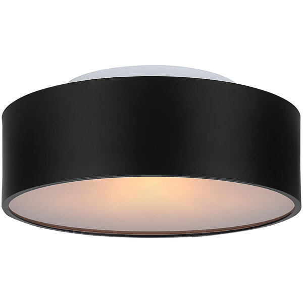 A black semi-flush mount light fixture with a white frosted glass shade.