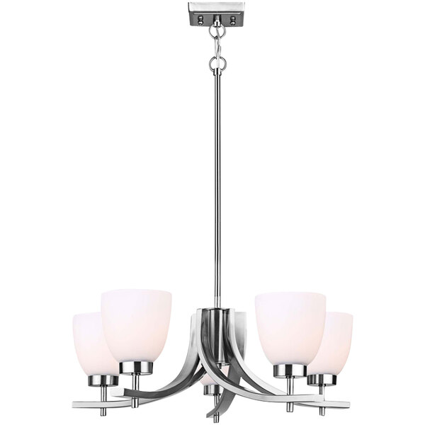 A Canarm Mack silver chandelier with white glass shades.