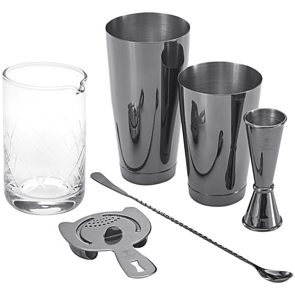 A Barfly black and silver cocktail mixing kit on a counter.