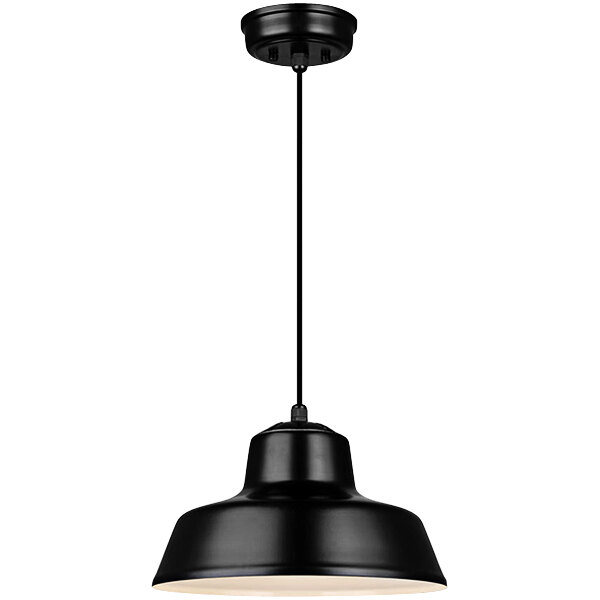 A black Canarm Levi pendant light fixture with a white shade hanging from a long pole.