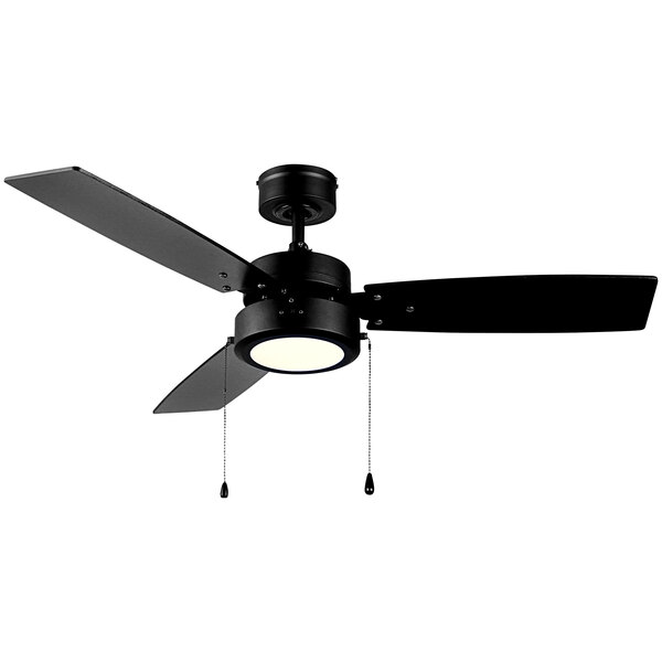 A Canarm matte black ceiling fan with two blades and an LED light.