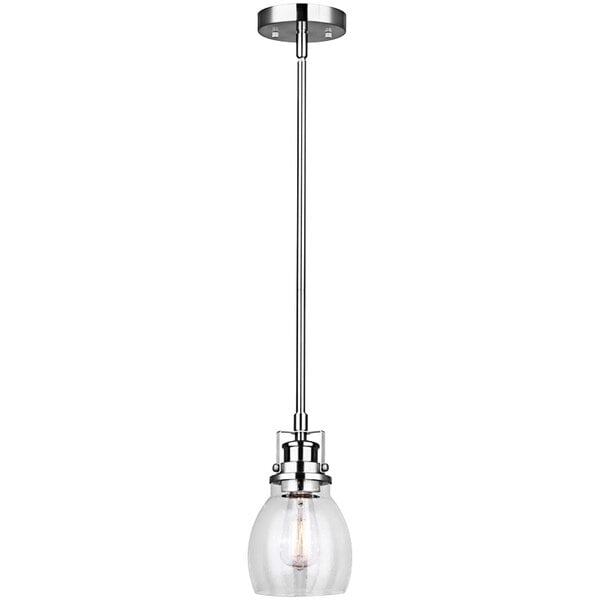 A Canarm Carson brushed nickel pendant light with a clear glass shade over a silver metal base.