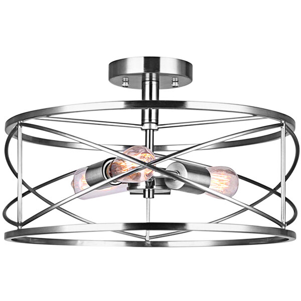 A Canarm Malene silver semi-flush mount ceiling light with a metal frame and wire around it.