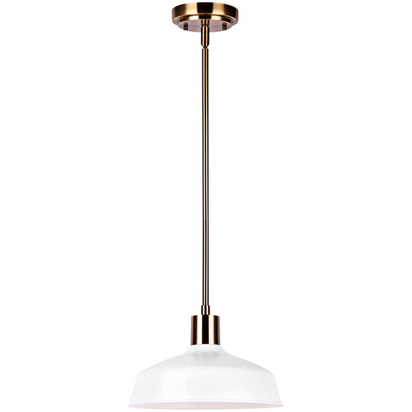 A Canarm Bello pendant light with a white glass shade and brass accents.