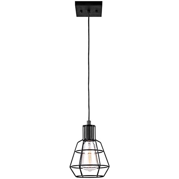 A black Canarm pendant light with a cage and a light bulb hanging from a black wire.