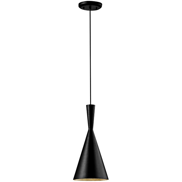 A black pendant light with a metal cone hanging in a restaurant dining area.