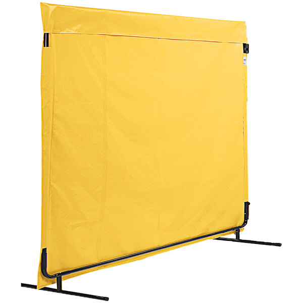 A yellow portable Singer Safety welding screen with black poles.