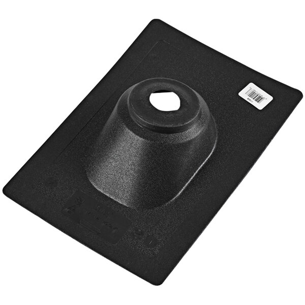 A black plastic Oatey roof flashing with a hole in the center on a table.