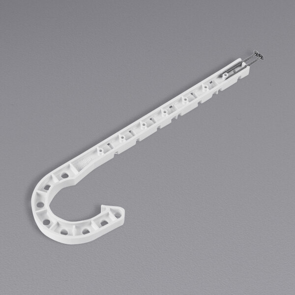 A white plastic Oatey DWV J-Hook with holes and a screw.