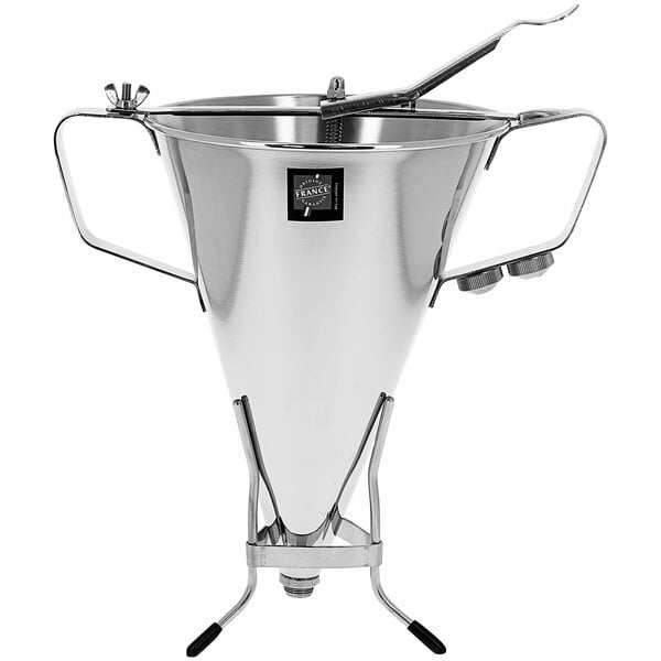 A de Buyer stainless steel funnel with a handle.