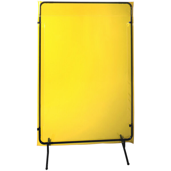 A yellow rectangular Singer Safety welding screen with black poles.