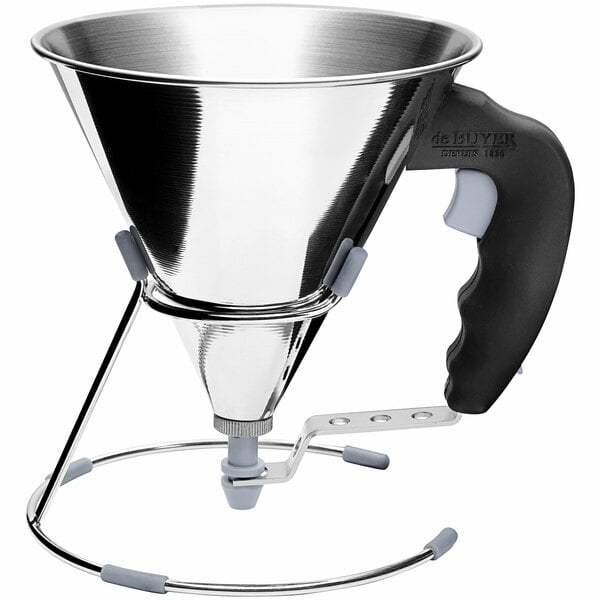 A stainless steel de Buyer funnel with a black handle.